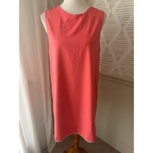 Karen Zambos Women’s Large Salmon Pink Peek-a-Boo Mini Dress White Dotted Trim